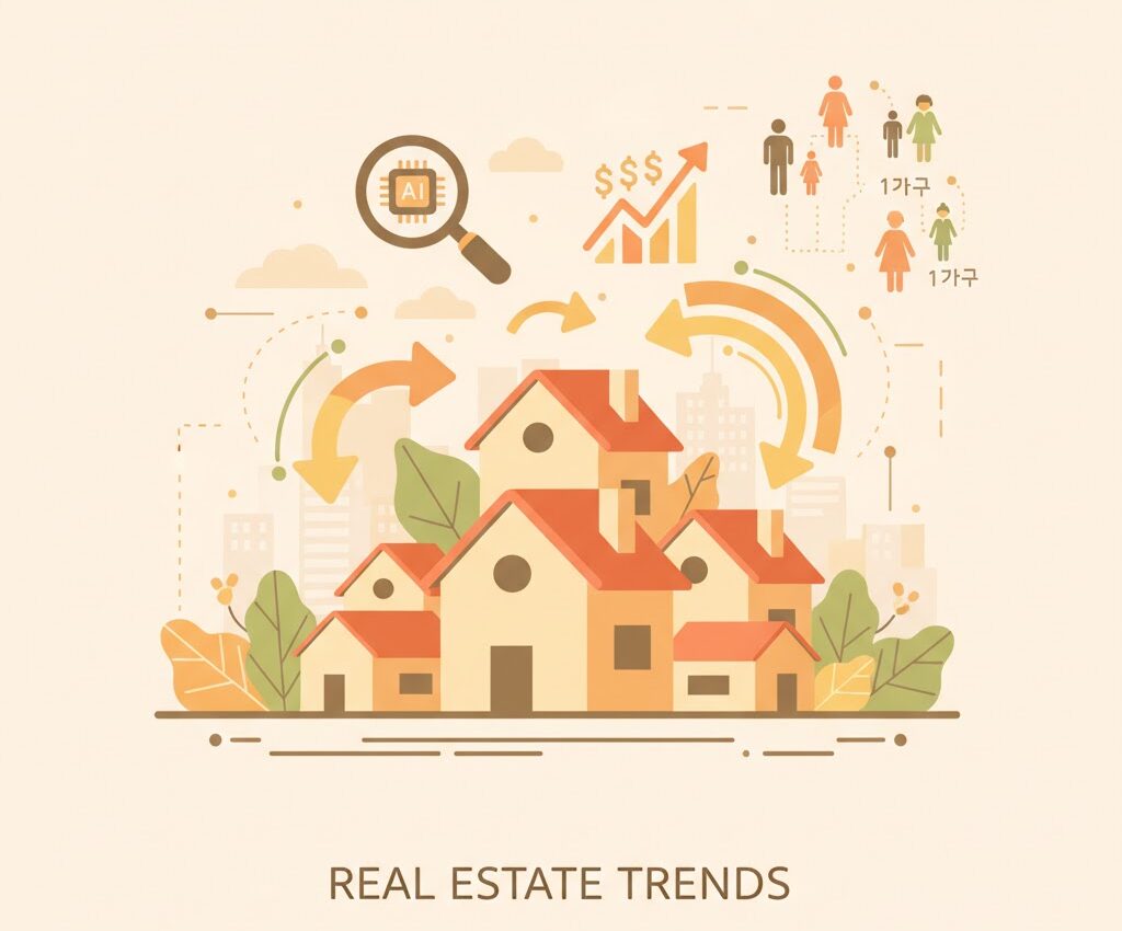 AI 분석, 금리 그래프, 인구 구조(1인 가구) 변화가 영향을 미치는 부동산 시장 변화를 일러스트로 표현