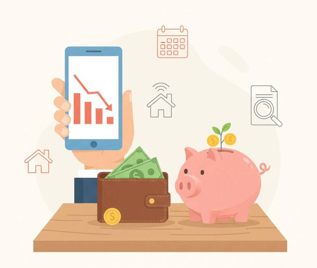 알뜰폰 통신비 절약 일러스트: 스마트폰 요금이 줄어드는 모습과 지갑에 돈이 모이고 있는 모습을 통해 통신비 지출이 줄어들어 재정적으로 이득을 보고 있음을 상징.