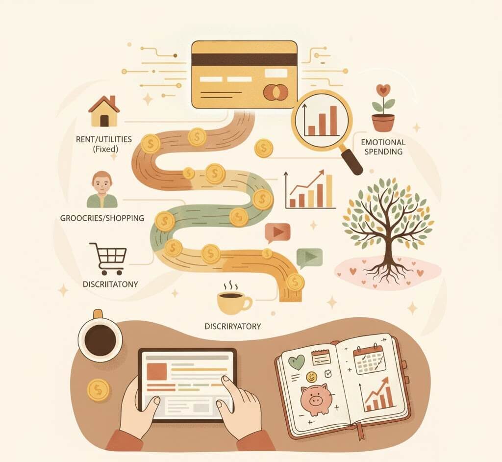 카드 사용 기록 분석 일러스트: 소비자가 카드(또는 영수증)를 돋보기로 들여다보며 지출 패턴을 확인하는 모습. 옆에는 돈이 새지 않도록 잠겨있는 저금통이 그려져 있어, 카드 사용 기록 분석을 통해 재무 습관을 개선함을 상징함.