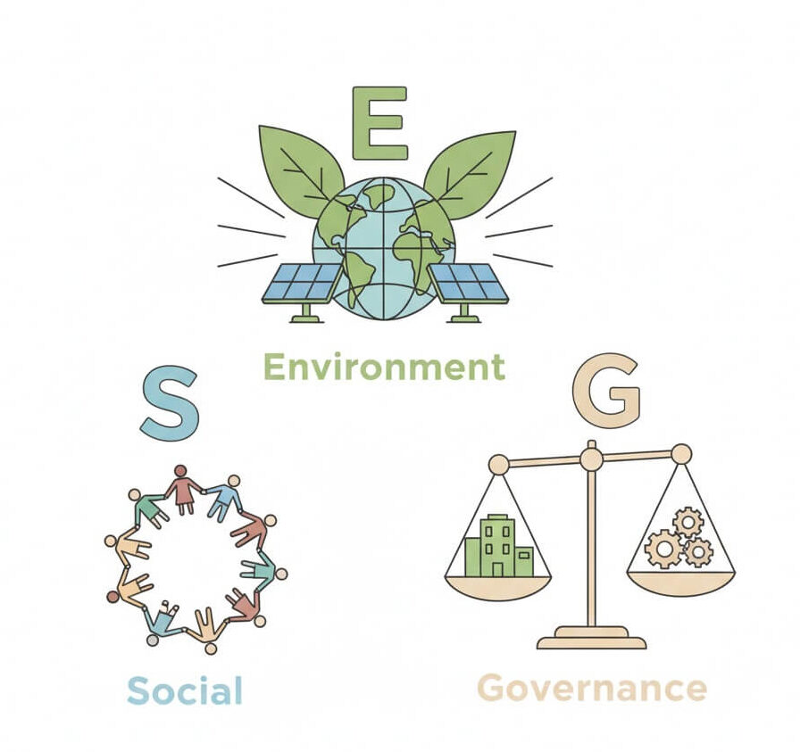 ESG 투자 트렌드 일러스트: 지구, 사회, 투명한 지배구조(G)를 상징하는 요소들이 지속가능 투자 그래프와 연결된 모습