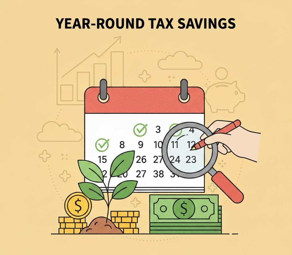 연중정산 세금 절약 일러스트: 달력에 체크 표시된 날짜들을 돋보기로 자세히 확인하는 모습. 돈을 상징하는 동전과 지폐가 식물과 함께 자라나는 모습을 보여주며, 꾸준한 세금 관리를 통해 재정적 성장을 이루는 따뜻한 분위기를 표현함