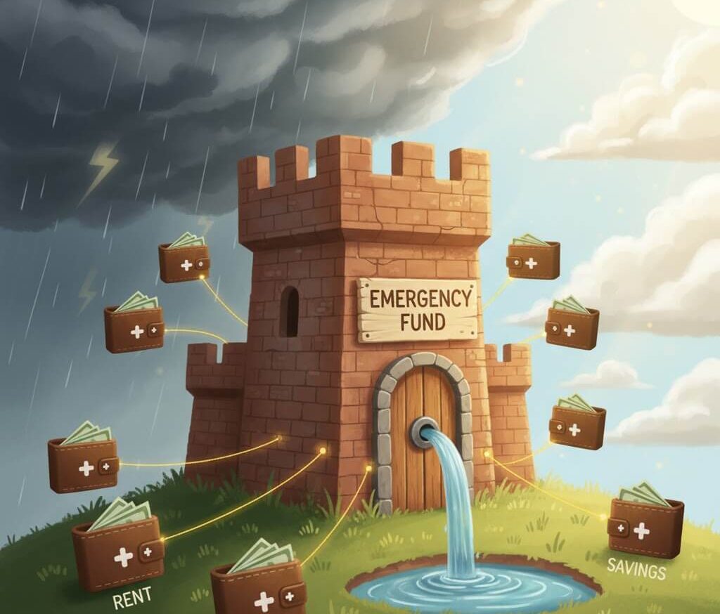 비상금 계좌 - 폭풍우가 치는 하늘 아래 굳건히 서 있는 튼튼한 성채 모양의 '비상금' 은행. 성채가 재정적 폭풍으로부터 개인의 돈을 지켜주는 안전망 역할을 하는 모습을 일러스트로 표현.