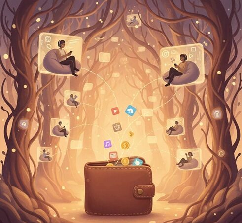 .중앙에 놓인 가죽 지갑에서 동전과 구독 서비스(OTT, 음악, 클라우드 등) 아이콘이 수많은 끈으로 연결되어 흩날리고 있는 모습을 통해 구독경제의 함정을 은유적으로 표현함