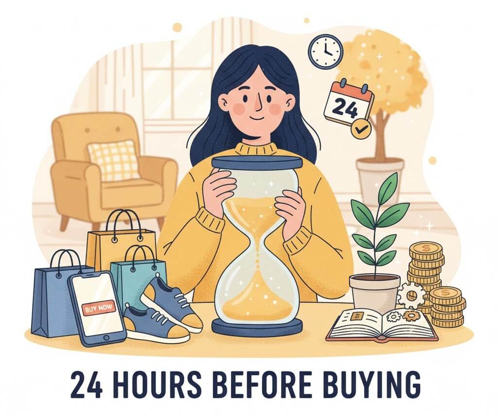 소비 전 24시간 대기 루틴을 상징하는 모래시계를 든 여성 일러스트. 충동 구매를 막고 현명한 소비를 하는 모습을 표현.