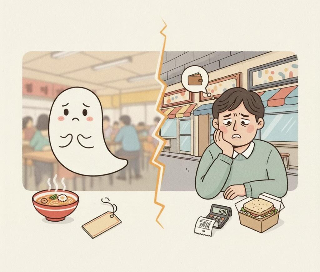 현재 높은 외식 물가로 생활비를 걱정하는 소비자를 표현한 일러스트
