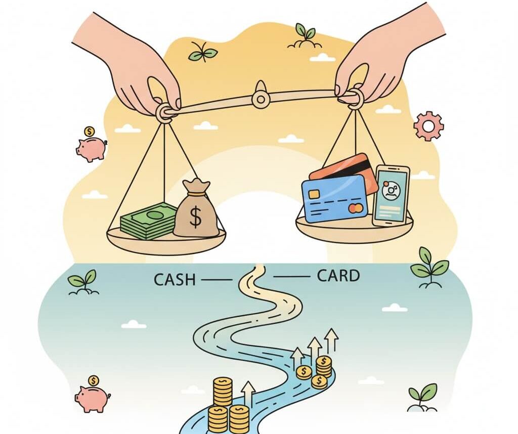 한 손이 저울을 들고 있고, 한쪽에는 현금 뭉치가 다른 한쪽에는 신용카드가 놓여 현금과 카드 사용 비율의 균형을 시각적으로 나타낸 일러스트. 그 아래에는 화살표와 동전이 있는 길을 통해 자산 흐름과 재정 관리의 중요성을 보여줍니다.
