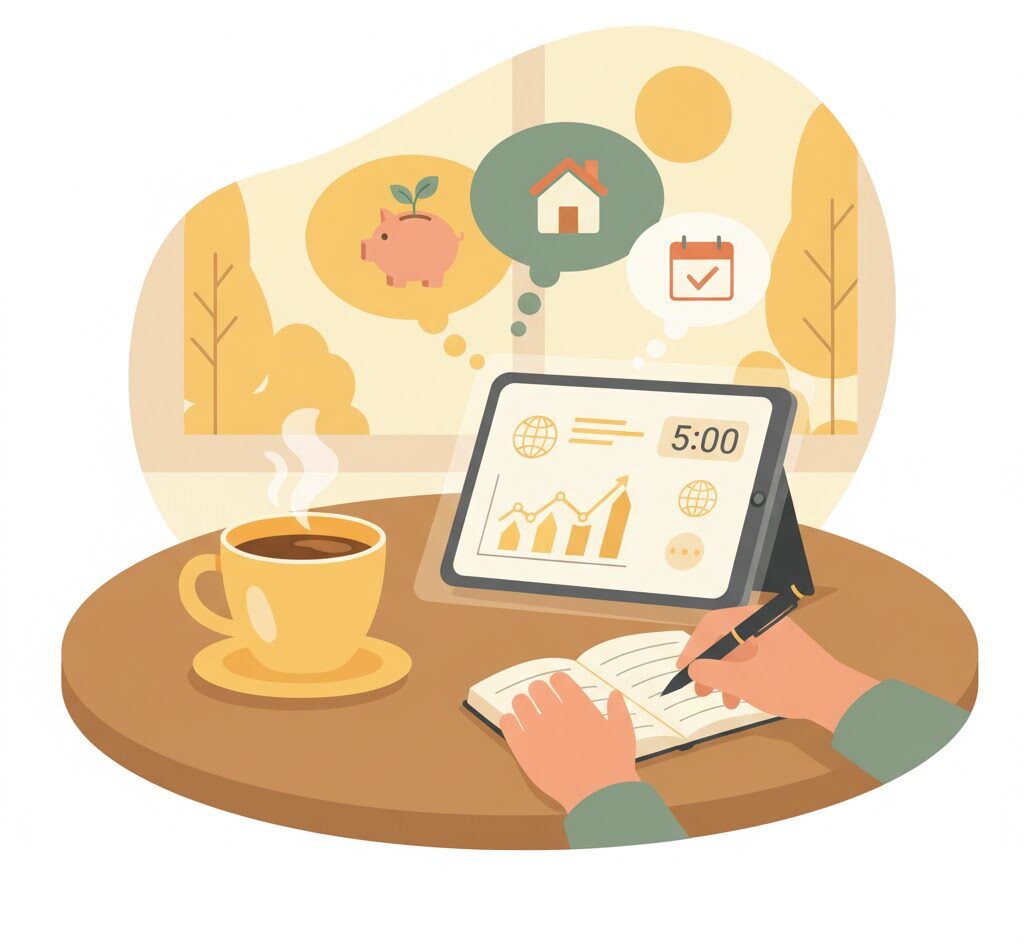 5분 금융 루틴을 실천하는 모습. 커피와 함께 태블릿으로 경제 뉴스 그래프를 확인하고 노트에 재테크 습관을 기록하는 일러스트.