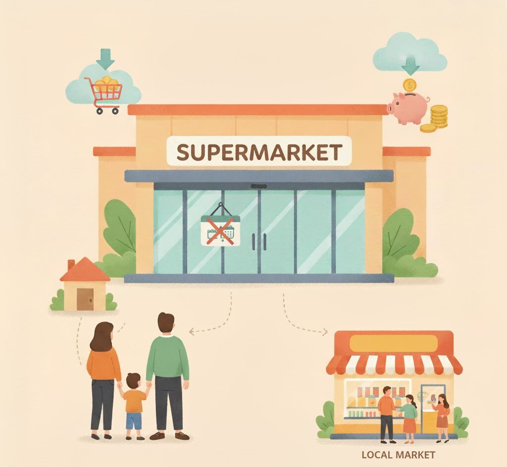 대형마트 휴무일 일러스트: 문 닫힌 대형마트 앞에서 발길을 돌려 동네마트(Local Market)로 향하는 가족의 모습. 이는 소비 루틴 붕괴와 장보기 비용 증가를 상징함.
