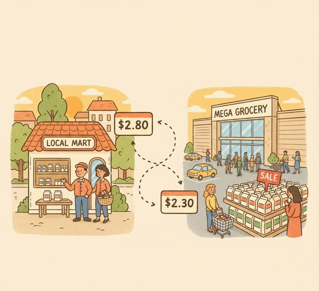 동네마트 물가와 대형마트 가격 비교 일러스트: 동네마트(Local Mart)에 표시된 높은 가격표($2.80)와 대형마트(Mega Grocery)에 표시된 낮은 가격표($2.30)를 대비시켜 보여줌