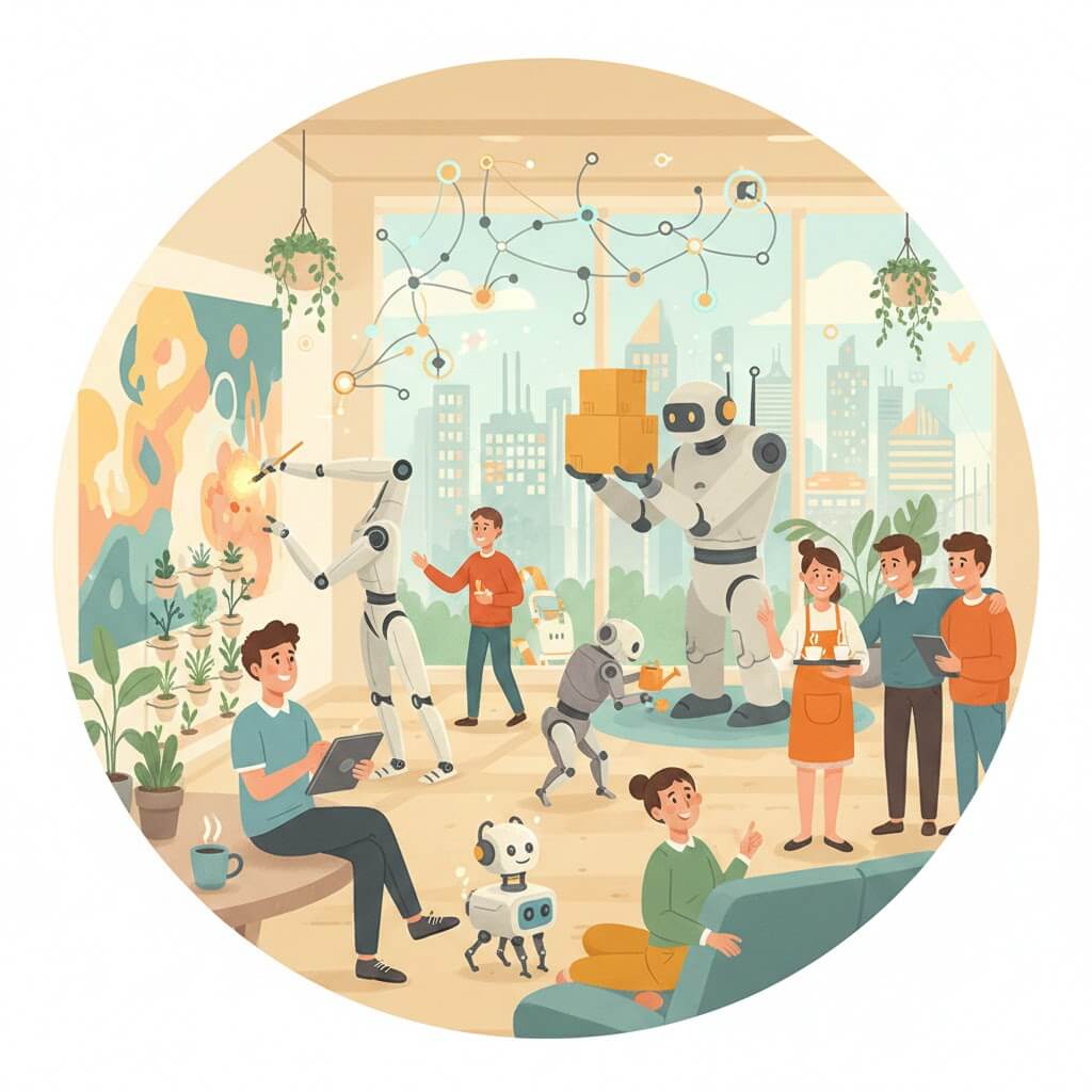로봇 자동화 시대에 인간과 로봇이 협력하고, 로봇이 업무를 지원하며 인간은 창의적인 활동이나 상호작용에 집중하는 일러스트
