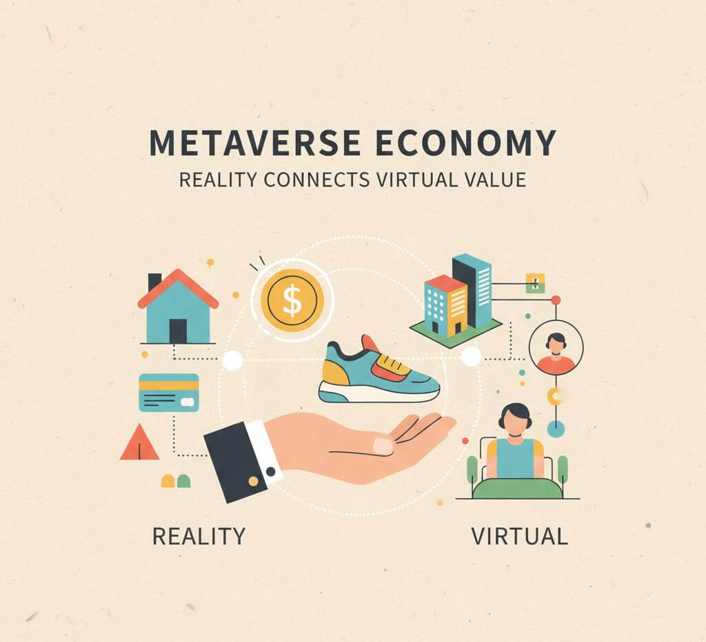 메타버스 경제 일러스트: 현실 세계를 상징하는 손이 가상 세계의 신발, 코인, 건물 등 디지털 아이템을 들고 있으며, 이 가상 아이템들이 현실의 집, 신용카드, 사람과 연결되는 모습으로 가상과 현실이 융합된 새로운 경제 활동을 상징함.