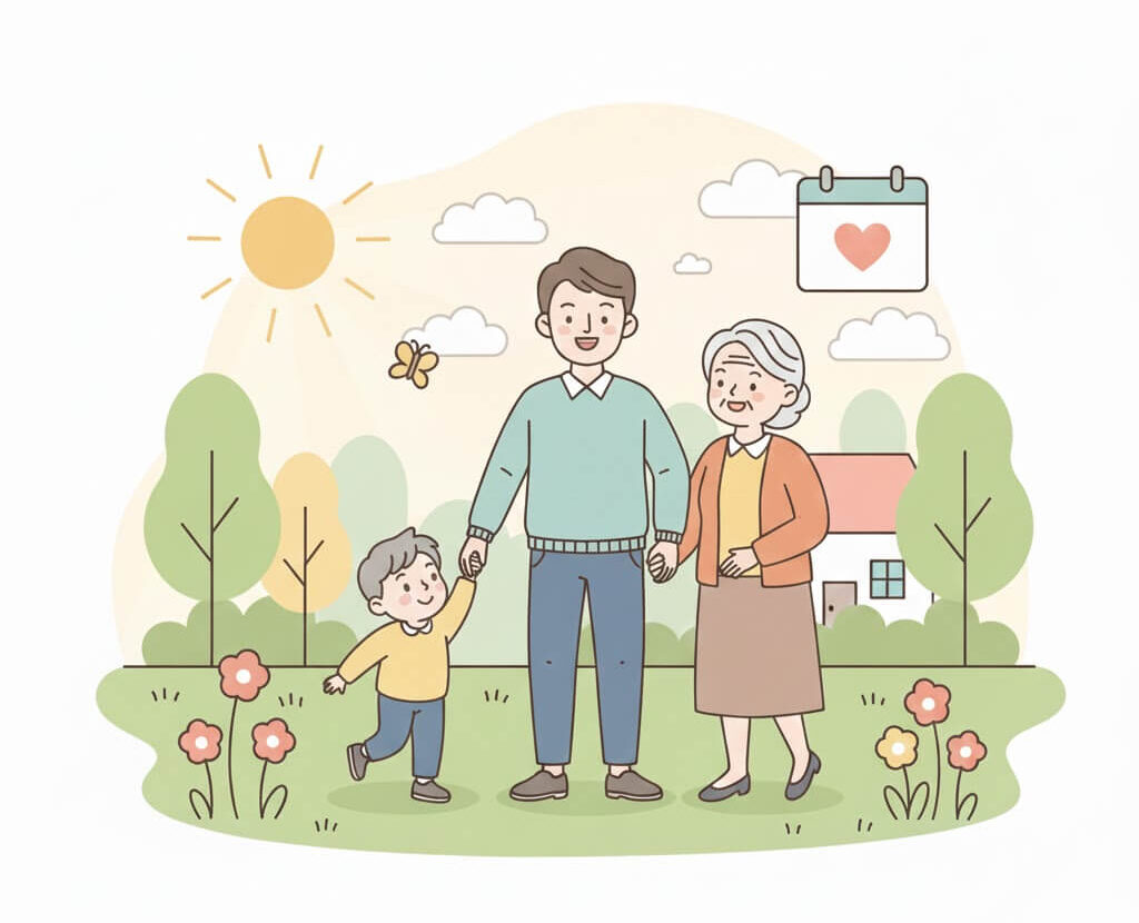부모님 용돈 지원을 통해 재정과 효의 균형을 이룬 안정적인 가족의 모습을 표현한 일러스트