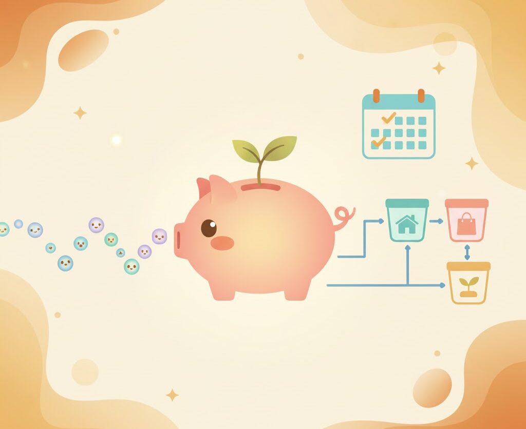 새싹이 돋아나는 돼지 저금통과 수입을 계획하고 3계좌로 나누어 불규칙한 소득 관리를 하는 과정을 묘사한 이미지