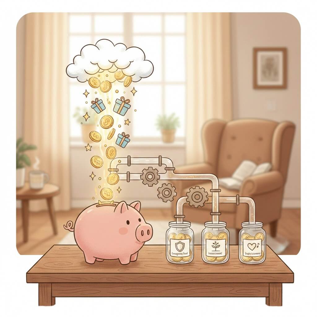 구름에서 보너스, 선물, 코인 형태의 비정기 수입이 내려와 돼지 저금통을 거쳐 세 개의 항아리(비상금, 투자, 자기계발)로 분류되는 비정기 수입 관리 루틴을 보여줍니다.