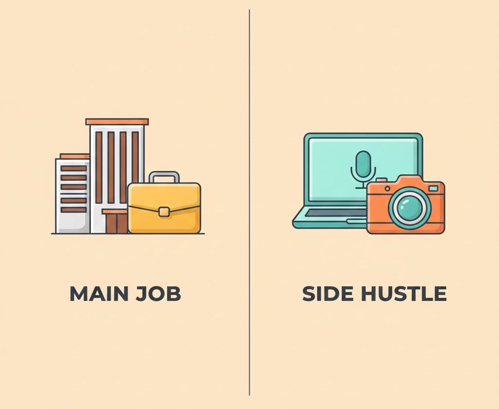 소득 다변화를 상징하는 일러스트. 왼쪽에 회사 건물과 서류 가방으로 본업(MAIN JOB)을, 오른쪽에 노트북과 카메라로 부업(SIDE HUSTLE)을 표현하여 두 가지 수입원을 보여줌.