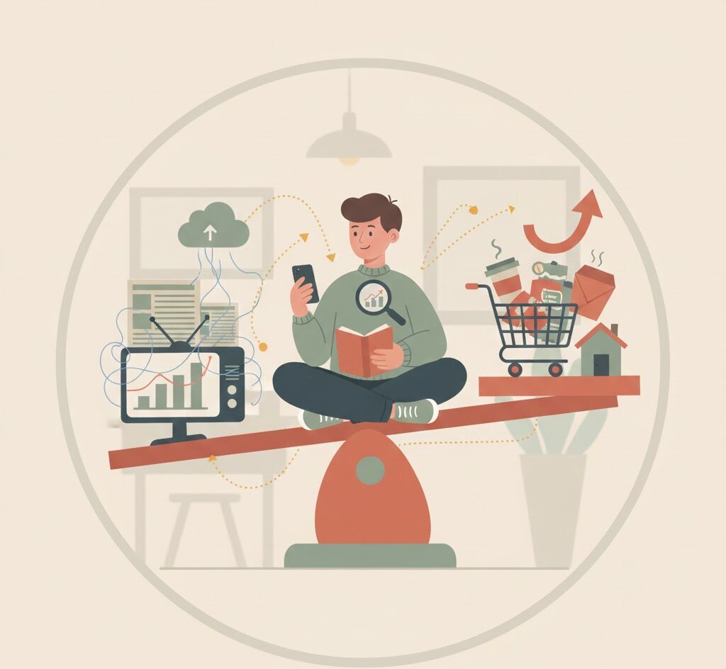 소비 트렌드 분석: 저울로 경제 뉴스와 개인 소비 패턴 균형을 맞추는 일러스트.