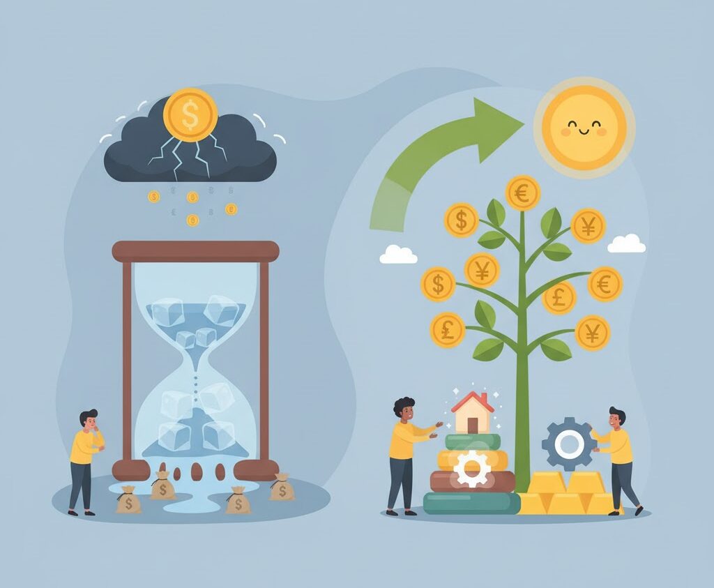 인플레이션 재무 설계의 필요성을 강조하는 일러스트: 빠르게 모래가 흐르는 모래시계(돈의 가치 하락)와 튼튼하게 성장하는 돈나무(자산 증식)를 대비하여 시간을 다루는 투자 전략을 시각화