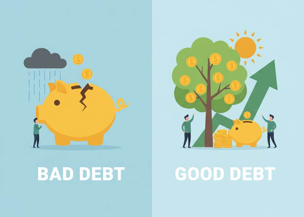 좋은 빚과 나쁜 빚 구분하는 일러스트. 왼쪽에는 깨진 돼지 저금통과 'BAD DEBT'이라는 글자가 새겨진 먹구름이 나쁜 빚을 상징하고 오른쪽에는 잎에 동전이 열린 나무와 꽉 찬 돼지 저금통, 그리고 상승하는 화살표가 좋은 빚과 자산 증가를 의미함