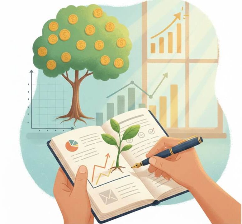 투자 기록법의 중요성을 보여주는 일러스트 이미지. 손이 노트에 투자 목표와 감정을 기록하며 작은 새싹이 자라는 모습, 배경에는 돈나무와 상승 그래프가 보임