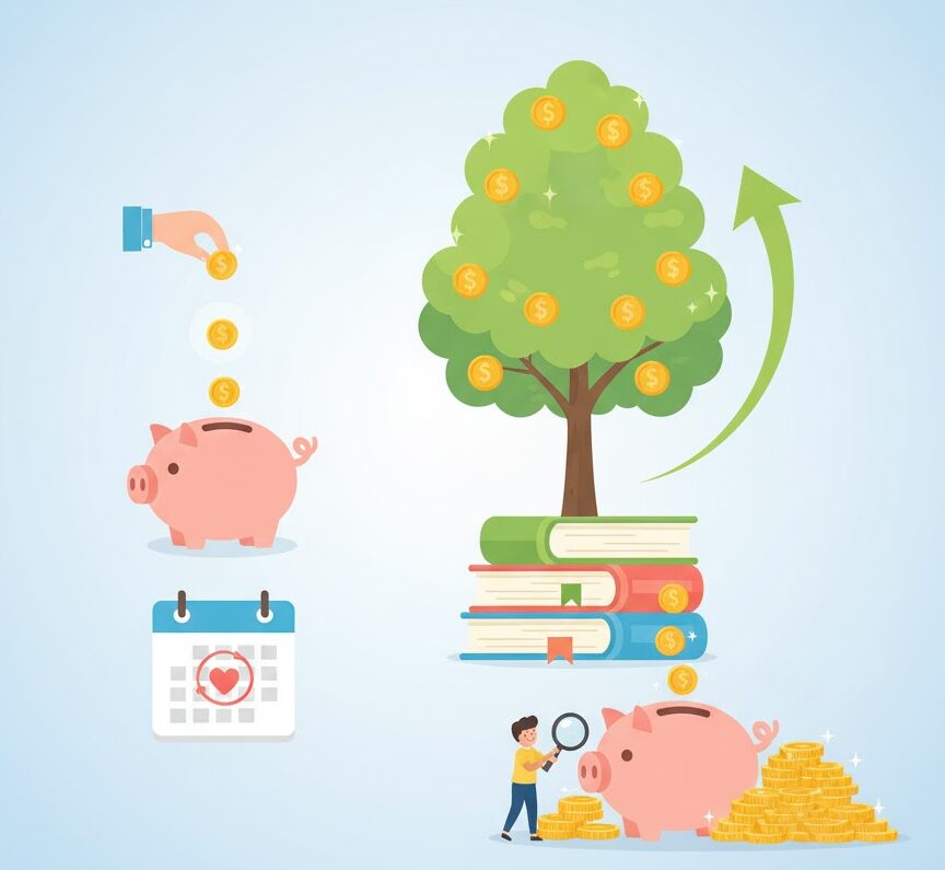 투자 습관 만들기를 보여주는 일러스트: 매달 소액을 돼지 저금통에 넣는 루틴, 책 위에 뿌리내려 성장하는 돈나무, 쌓여있는 금화가 장기 투자 전략으로 인한 자산 증식을 상징함