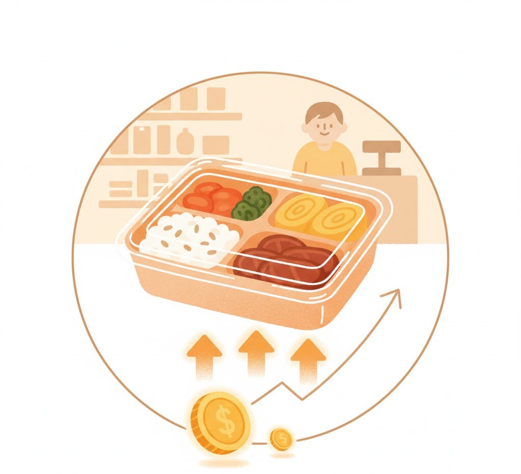 편의점 계산대 배경 앞에 놓인 도시락 아래로 화살표와 동전이 상승하는 모습으로, 편의점 도시락 가격 상승을 상징함