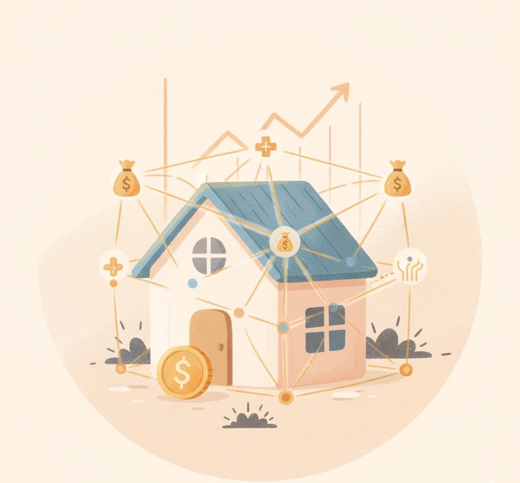 가운데 집이 있고 주변에 돈주머니, 더하기, 동전 모양의 아이콘들이 그물망처럼 연결된 일러스트로, 가계의 재정적 구조와 합리적인 보험 설계법을 상징함. 뒤로는 상승하는 그래프가 보임.