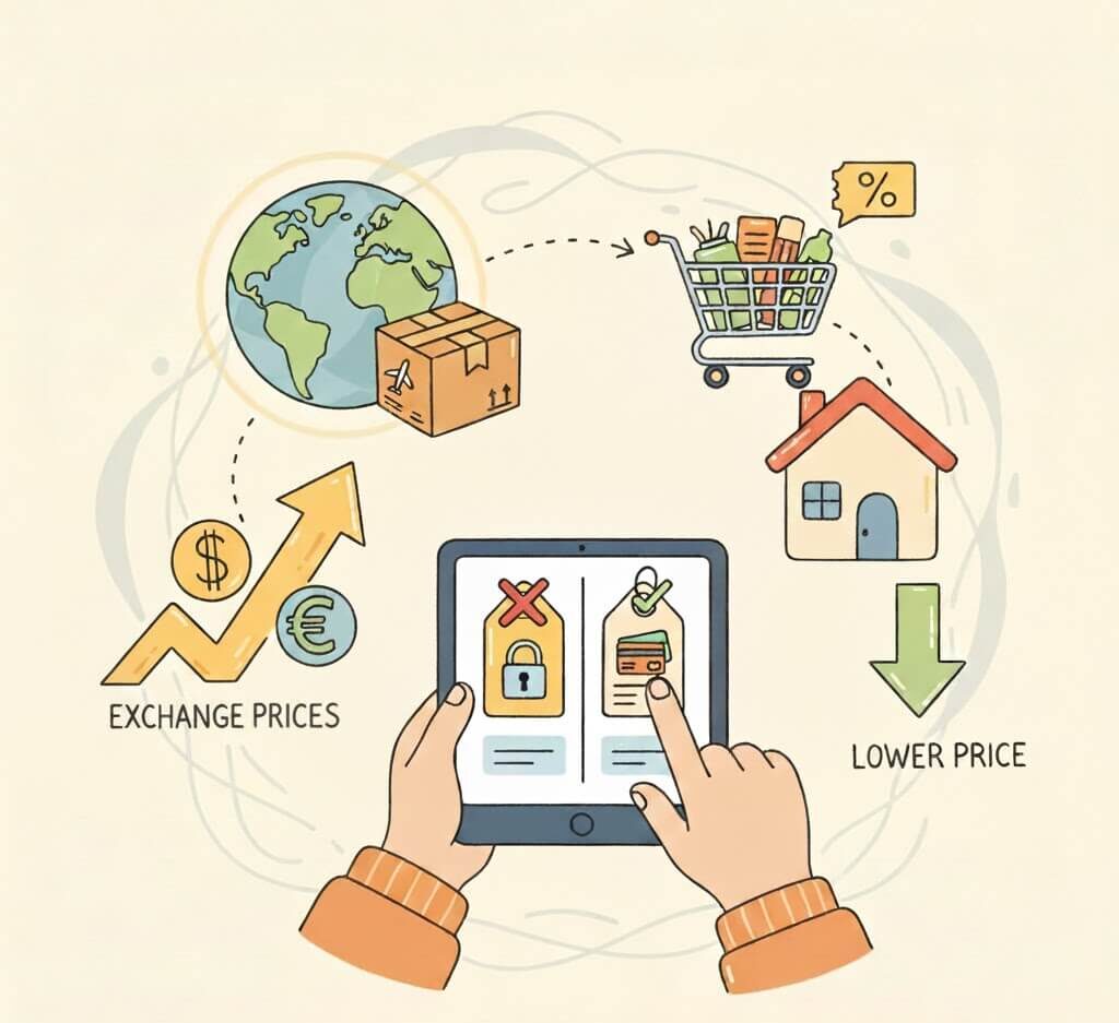 해외 직구 가격 상승 요인(환율, 배송 상자)과 국내 구매 가격 하락(집, 쇼핑 카트)을 대비하며, 태블릿으로 두 가격을 비교하는 일러스트.