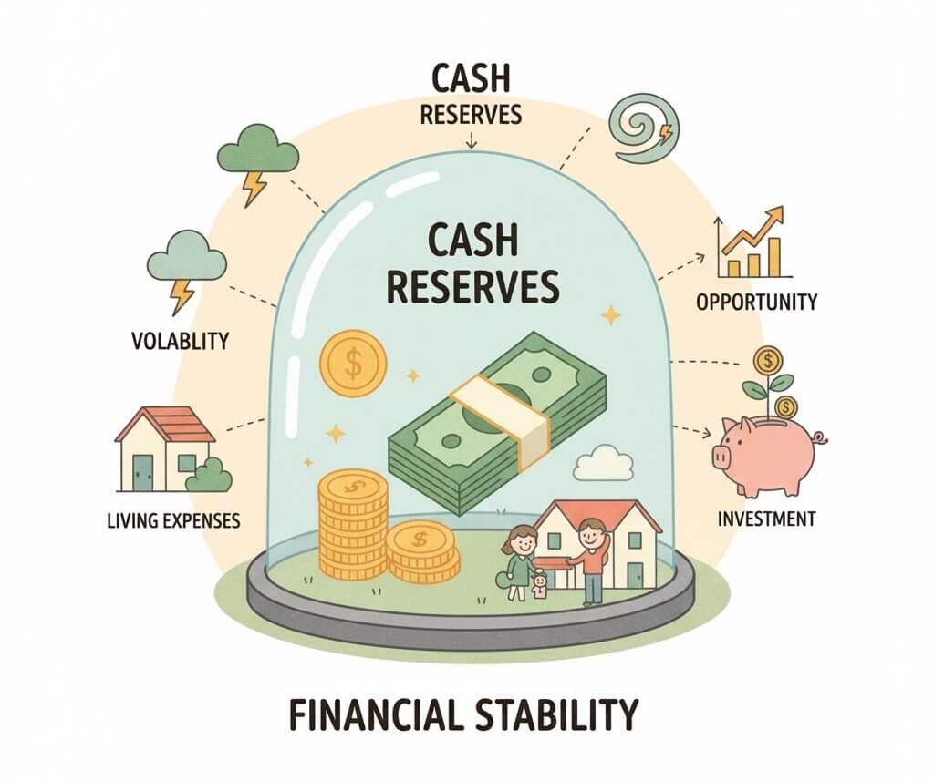 현금 보유율 일러스트: 캐시 리저브(Cash Reserves) 아래에 안전하게 자리 잡은 현금 다발과 동전들이 투명한 돔 안에 보호되어 있고, 주변에는 변동성(Volatility)과 기회(Opportunity), 투자(Investment), 생활비(Living Expenses), 그리고 재무적 안정성(Financial Stability)이 균형을 이루는 모습으로 현금 보유의 중요성을 상징함.