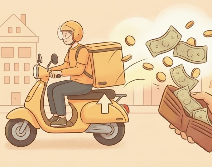 배달비 상승과 숨은 인플레이션의 영향: 라이더가 배달하는 동안 지갑에서 돈이 빠져나가는 모습을 표현하여 체감 물가 상승을 직관적으로 보여줌