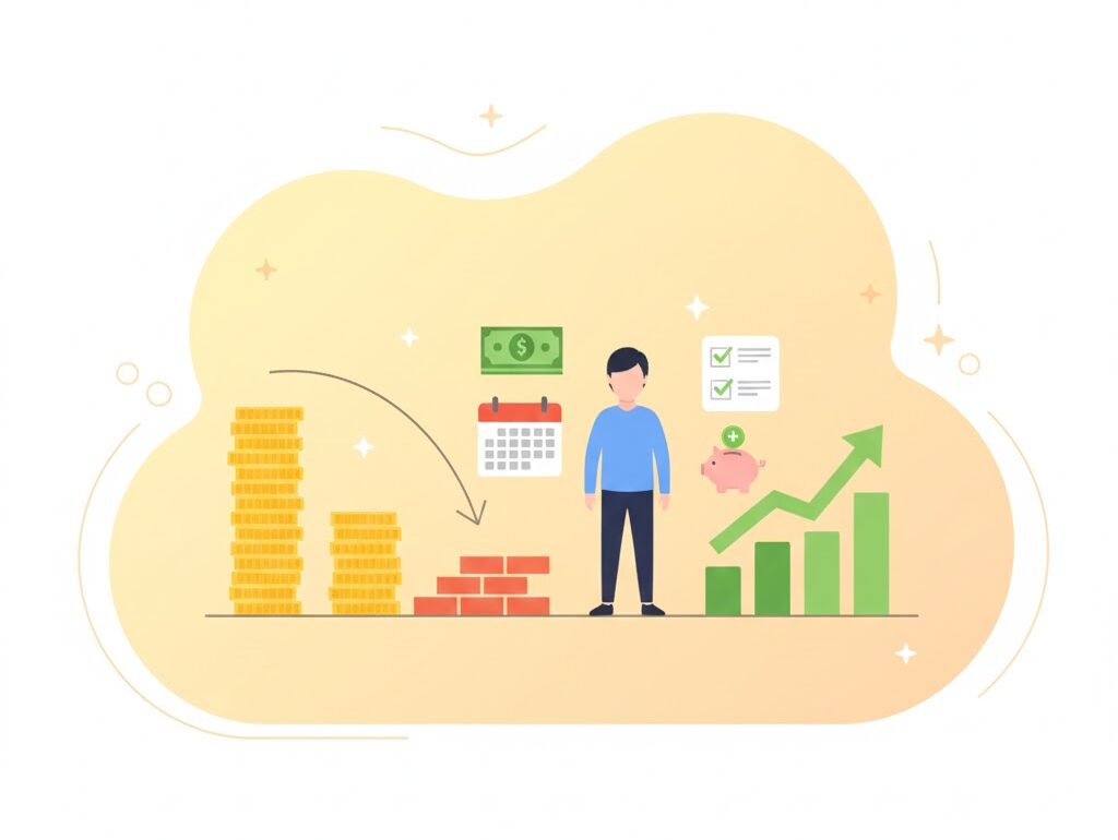 부채 관리 루틴으로 빚을 줄이고 재무 성장을 이루는 일러스트.