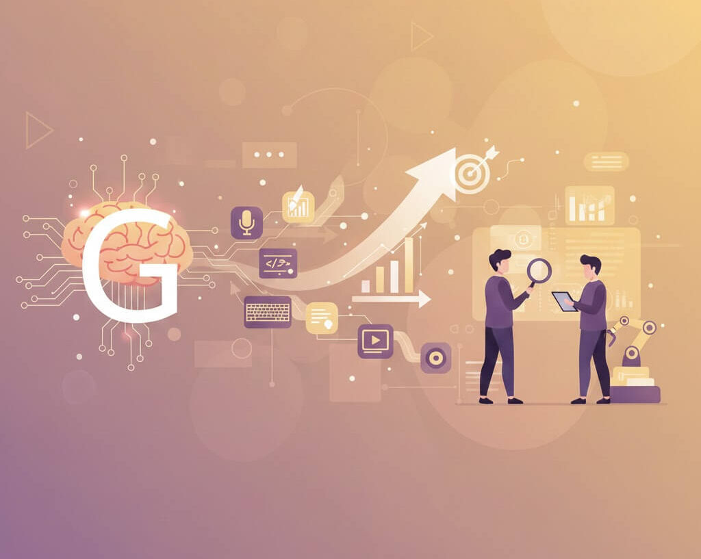 생성형 AI를 활용한 콘텐츠 마케팅 성과 향상 및 노동 변화 일러스트. AI 두뇌와 사람이 협력하여 성장 그래프를 분석하는 모습.