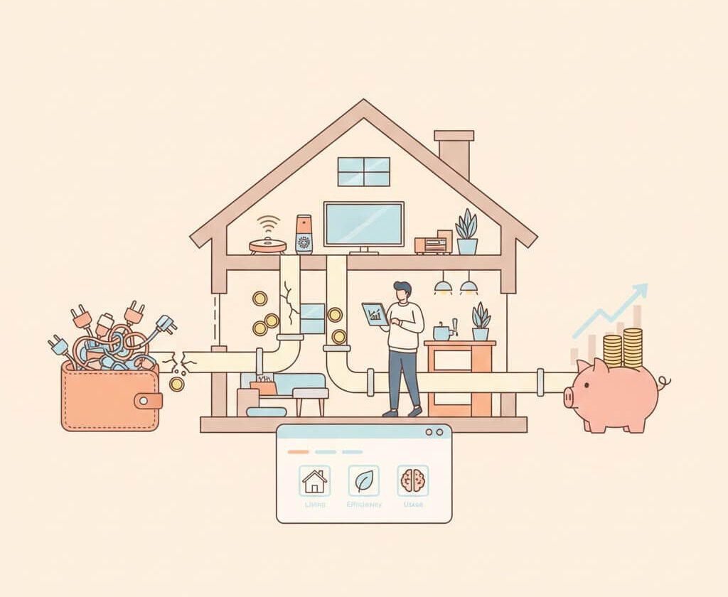 스마트홈 에너지 소비의 역설 일러스트. IoT 기기가 많은 집에서 전력 사용량 그래프가 상승하는 것을 사람이 걱정스럽게 바라보는 모습. 절약 기대와 실제 소비 증가의 괴리를 시각화.