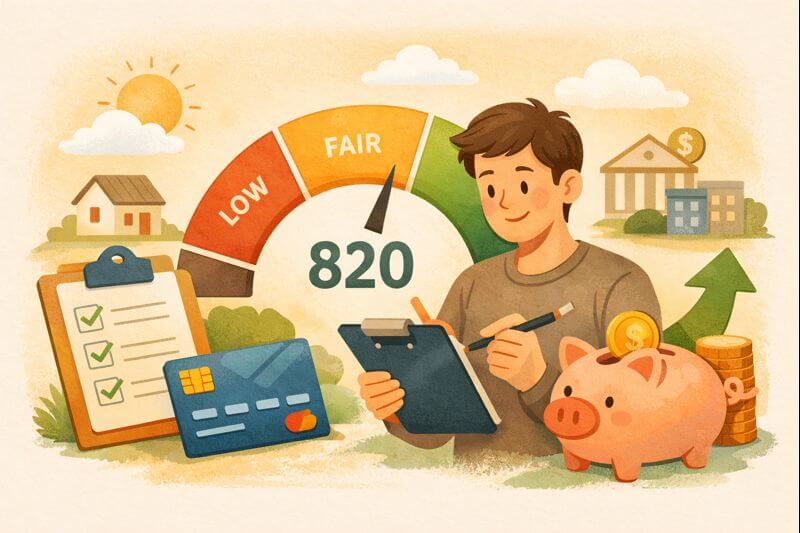 신용 점수 관리 습관을 상징하는 일러스트, 점수와 금융 루틴을 점검하는 모습