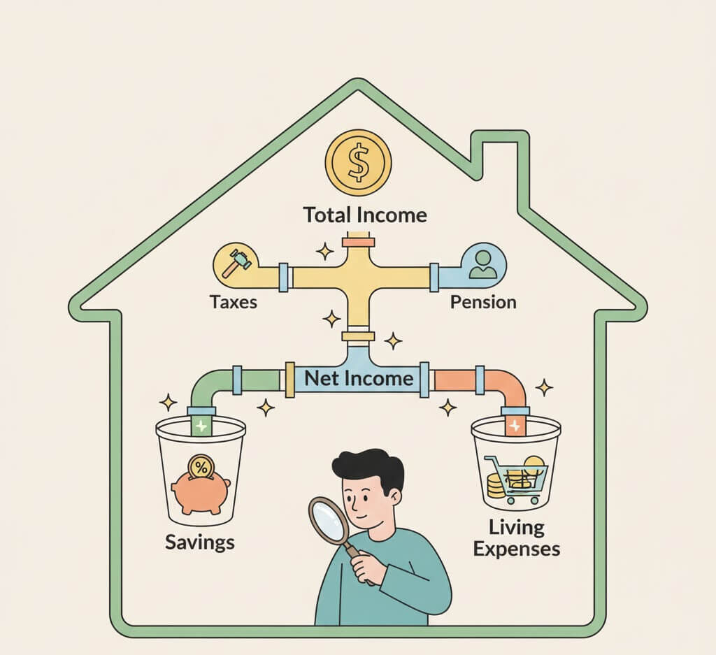 월급 구조 재설계 및 현금 흐름 설계: 총급여를 기준으로 세금, 연금, 저축 계좌로 돈이 분리되는 재무 관리 시스템 일러스트