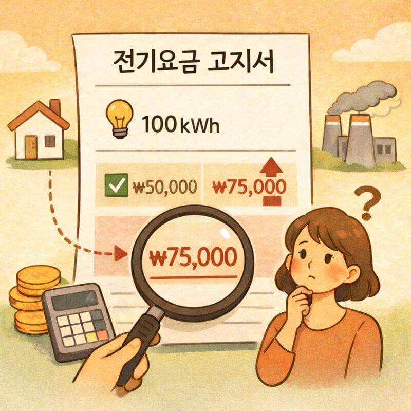 전기요금 고지서 해석을 주제로, 같은 100kWh 사용량인데 요금이 달라지는 이유를 시각적으로 설명한 일러스트