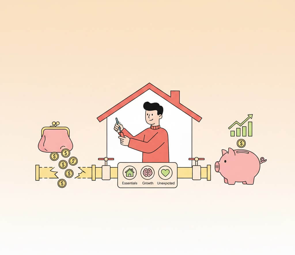 지출 관리 시스템 구축 일러스트. 돈이 새는 가계부 대신 견고한 파이프라인을 통해 저축 목표로 현금 흐름을 통제하는 모습.