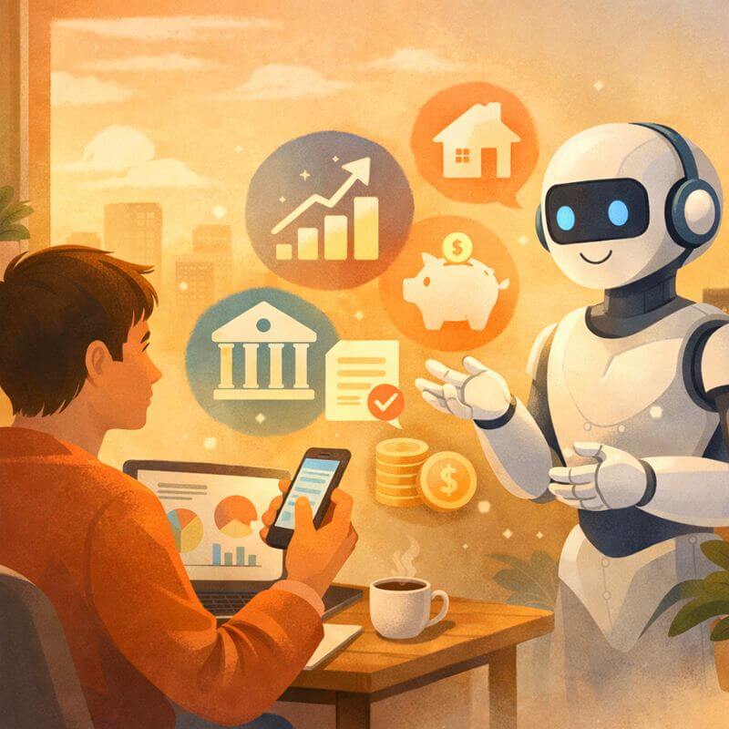 AI 자산관리를 통해 금융 어드바이저와 함께 개인 자산 관리를 하는 모습을 일러스트로 표현한 이미지