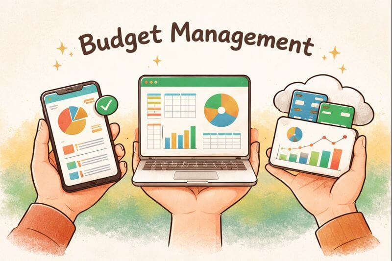 가계부 관리 방법을 상징하는 일러스트, 가계부 앱과 엑셀, 자동화 서비스가 손 위에 균형 있게 표현된 재무 루틴 이미지