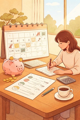 노트를 보며 미래 비용 예측을 하고 있는 일러스트. 예상 지출을 미리 계획하는 돈 관리 습관을 상징하는 이미지