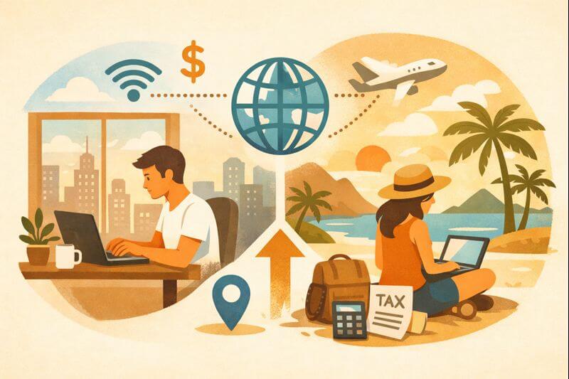 원격근무와 디지털 노마드가 일상이 된 원격근무 경제를 상징적으로 표현한 글로벌 원격 근무 일러스트