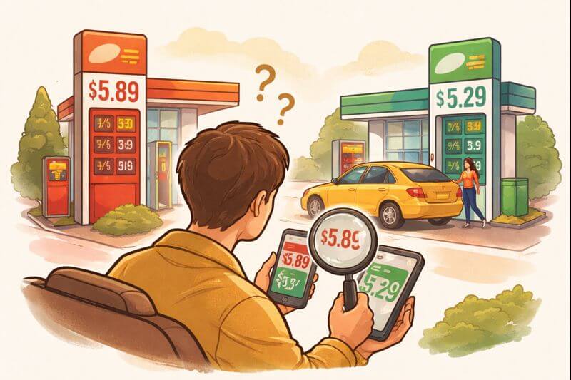 주유소 기름값 차이를 비교하는 운전자가 스마트폰으로 가격을 확인하는 일러스트
