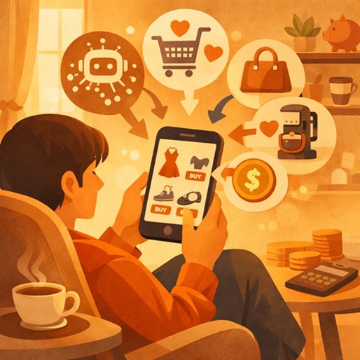 AI 추천 알고리즘을 통해 온라인 쇼핑을 하는 일상적인 소비 장면을 일러스트로 표현한 이미지