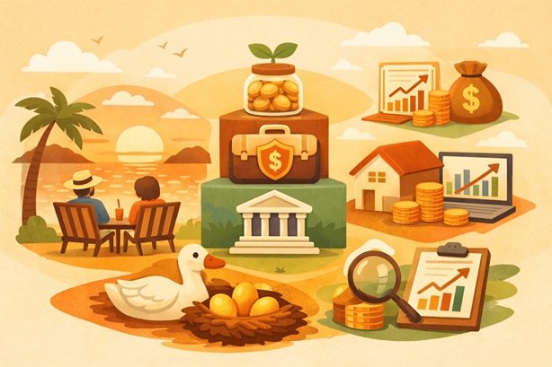 노후 설계를 위해 연금과 정기적인 현금흐름 구조를 구축하는 과정을 상징한 일러스트