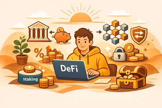 디파이 하는 법을 설명하는 일러스트, 노트북으로 탈중앙화 금융을 활용하는 모습과 스테이킹·보안·수익 아이콘이 함께 표현된 이미지