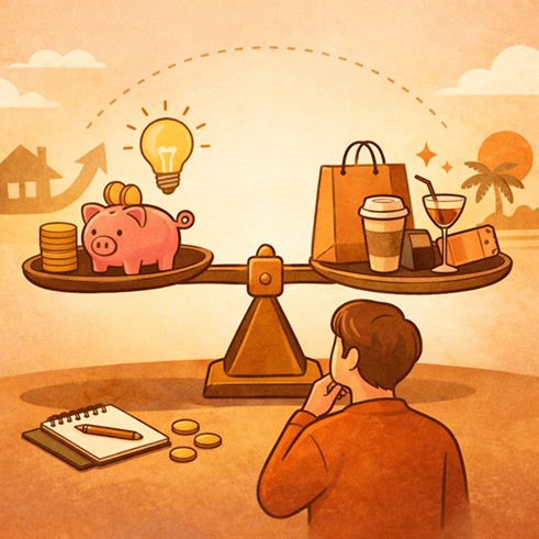 소비 통제 방법을 상징하는 저금통과 소비 물품이 균형을 이루는 일러스트
