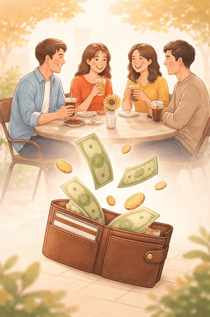 카페에서 친구들이 모임을 즐기는 장면과 지갑에서 돈이 빠져나가는 모습을 통해 인간관계 유지비 부담을 표현한 일러스트