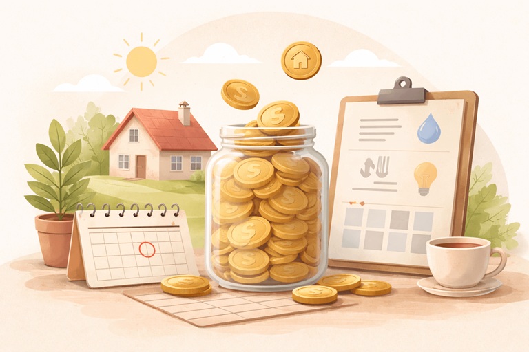 주거비 예비비를 상징하는 일러스트, 집과 동전이 담긴 유리병, 달력과 청구서 아이콘이 함께 배치된 재정 관리 이미지