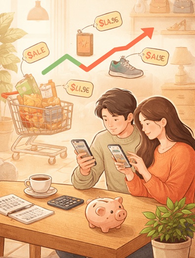 중고거래 물가 영향으로 달라진 가격 기준을 고민하는 커플 일러스트