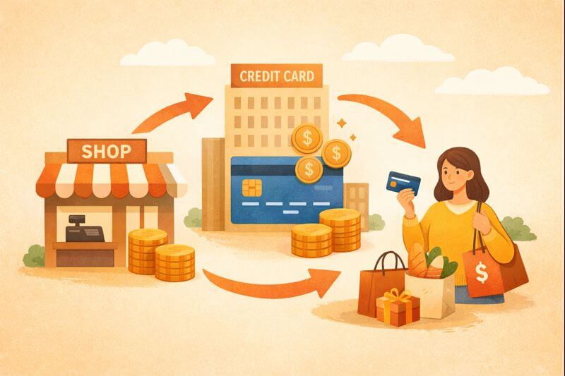 카드 결제 수수료가 가맹점, 카드사, 소비자 사이에서 이동하는 구조를 일러스트로 표현한 이미지