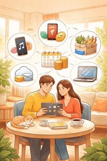 구독경제 확산으로 변화하는 소비 패턴과 개인 지출 구조를 상징적으로 표현한 일러스트